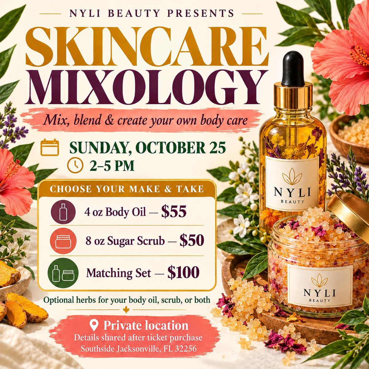 Skincare Mixology flyer: optional herbs for body oil, scrub, or both; October 25