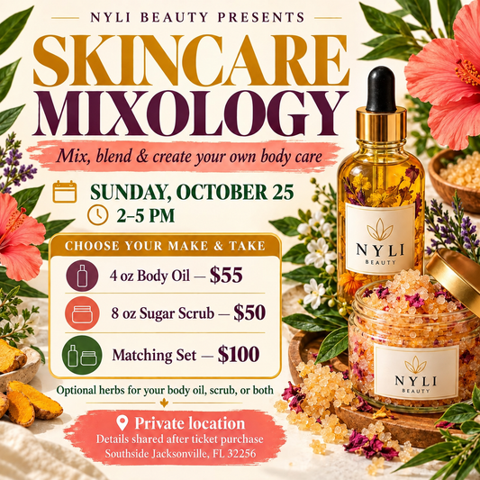 Skincare Mixology flyer: optional herbs for body oil, scrub, or both; October 25